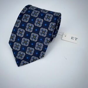 Eton Tie Mens One Size Navy Blue Patterned Silk Classic Necktie Italy Made